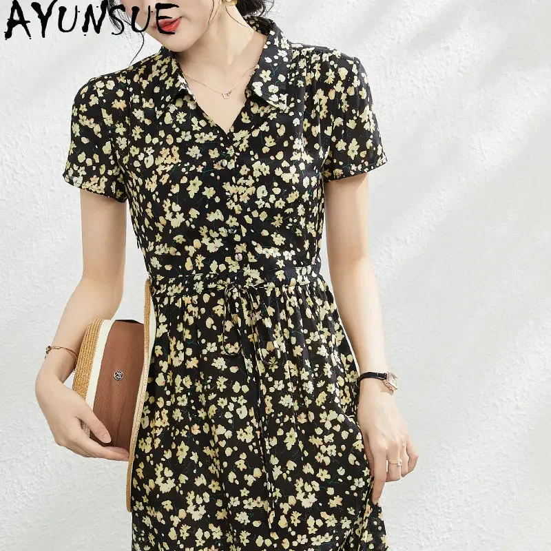 Elegant Dresses For Women 2024 Black Slim Dress Summer 100% Mulberry Silk Clothing Female New Print Women's Clothing Vestidos LM