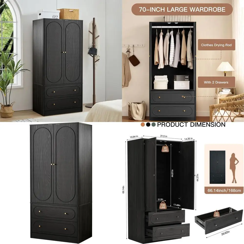 

Large Capacity Double Door Wooden Wardrobe with Storage Drawers for Bedroom or Living Room - Black