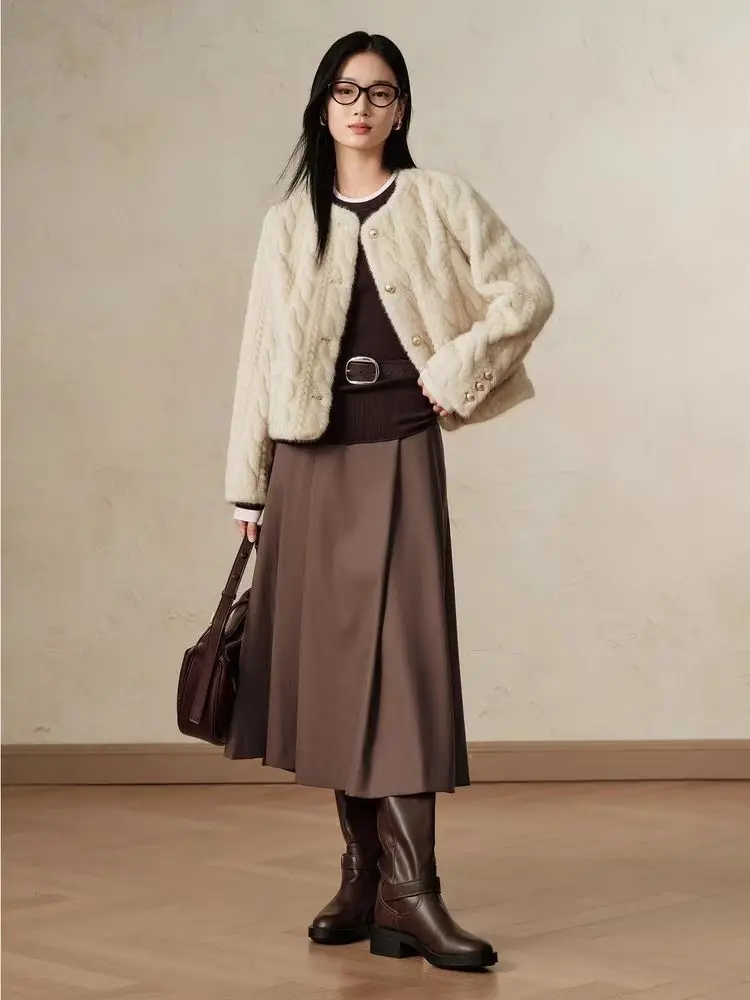 인조 모피 그린 코트 여성용 부드러운 댄스 스타일 여성 개성 레트로 스플릿 스트리트웨어 투톤 리벳 칼라