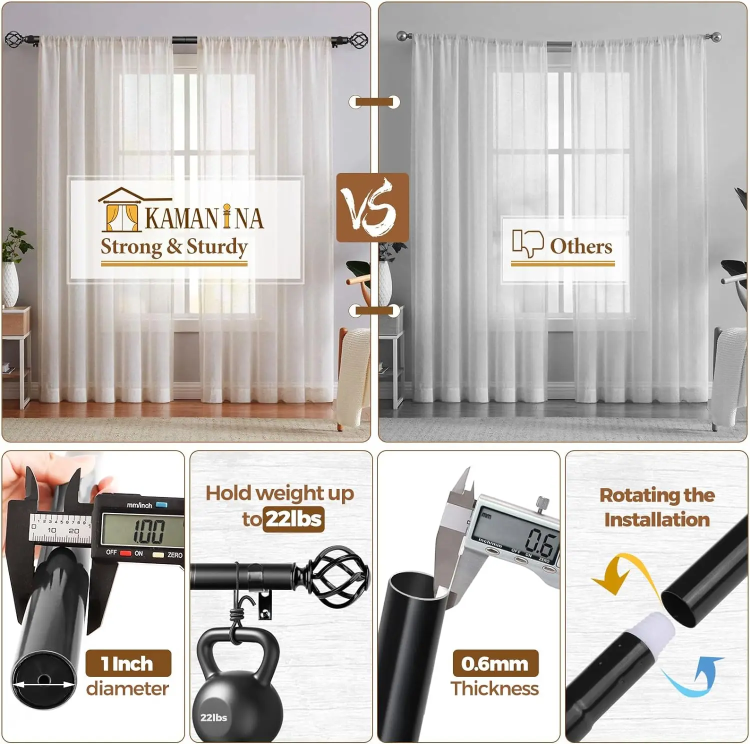 Black Curtain Rods for Windows , 1 Inch Heavy Duty Curtain Rod 18 to 120, Long Decorative Single Drapery Rods, Twisted Cage End