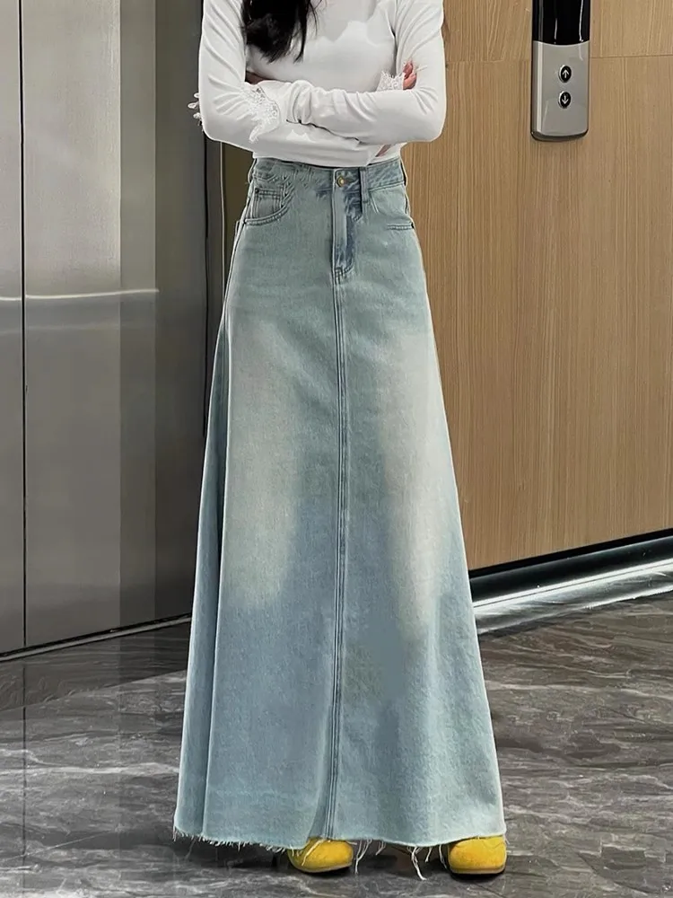 

Весна 2025: Новая женская джинсовая юбка миди с высокой талией, А-силуэт, стройнящая, винтажная, универсальная, модная, длинная юбка