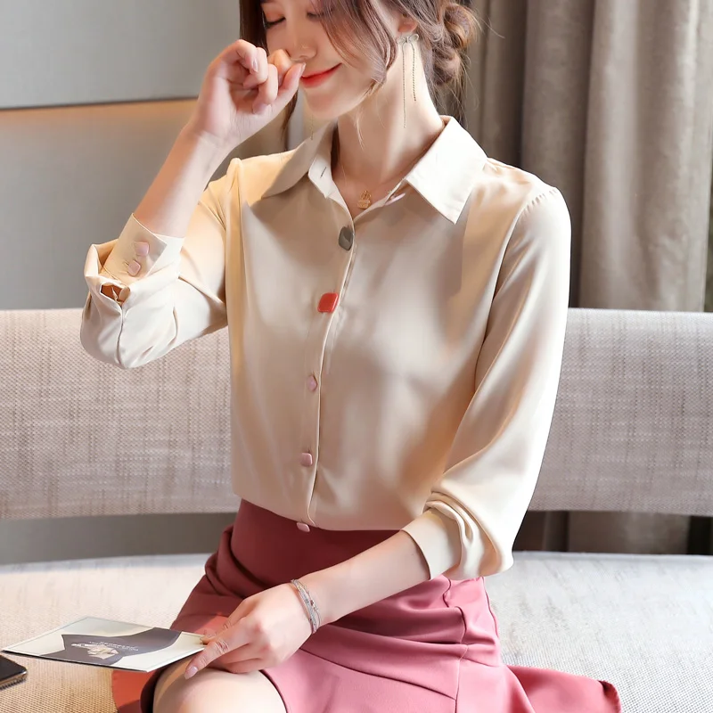 

Autumn New Long Sleeved Turn-Down Collar Women Blouses Fashion Elegant Slim Solid Color Office Lady Chiffon Shirt