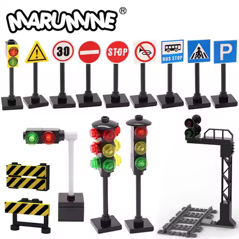 Marumine MOC Brick Street View Traffic Light Lamp Road Sign My Idea Building Block Accessories Barrier Speed Limit Warning Parts