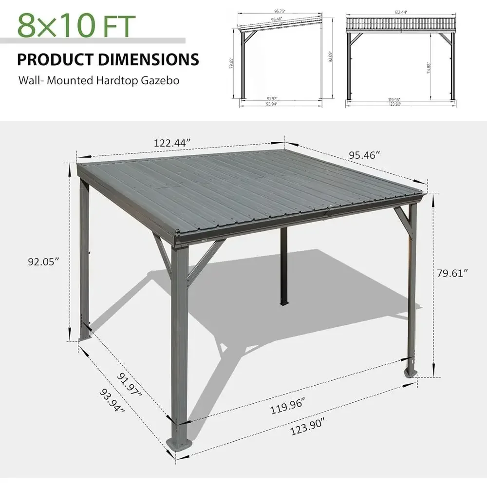 8x10 Wall Mounted Hardtop Gazebo, Lean-to Pergola with Gutters, Galvanized Steel Roof, 60MPH Wind Resistant, Outdoor Heavy Duty