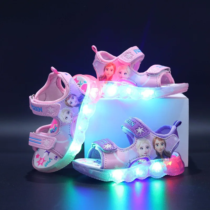 Disney-Sandales de sport lumineuses à LED pour garçons et filles, Frozen Elsa Princess, sandales d'été pour enfants, chaussures pour tout-petits non alds, taille 21-3