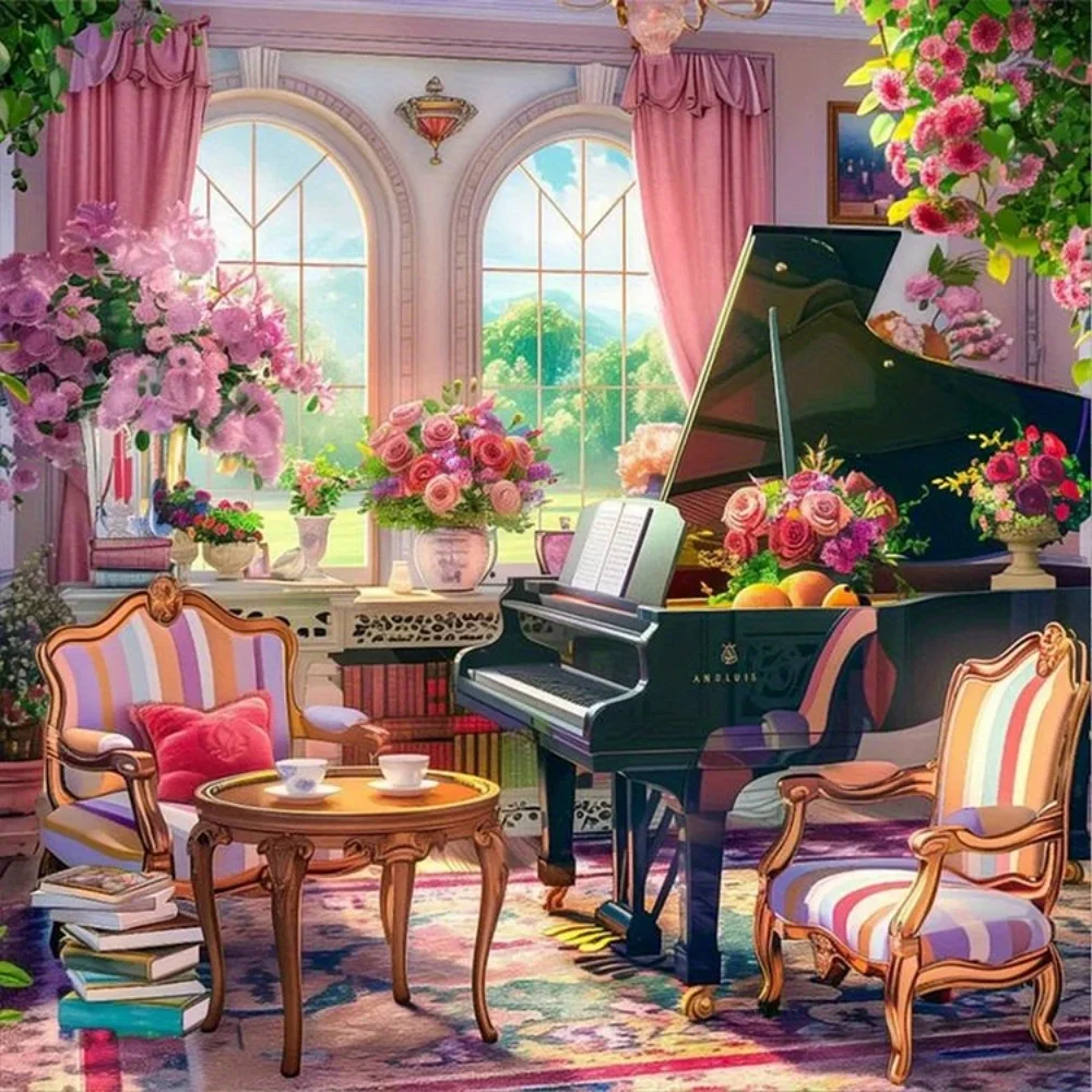 Diamond Painting, Mosaic Handicraft, Great Holiday Gift, Luxurious Classical Parlor Grand Piano Colorful Floral Household Decor