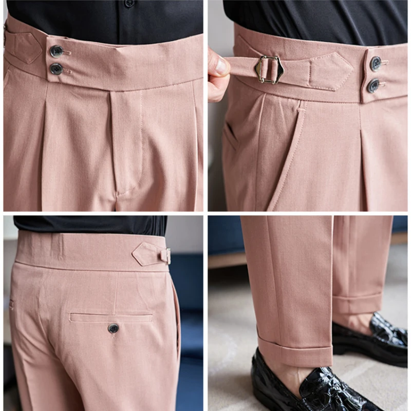 British Style Men High Waist Casual Dress Pant Men Belt Design Pink Trousers Formal Office Social Wedding Party Dress Suit Pants