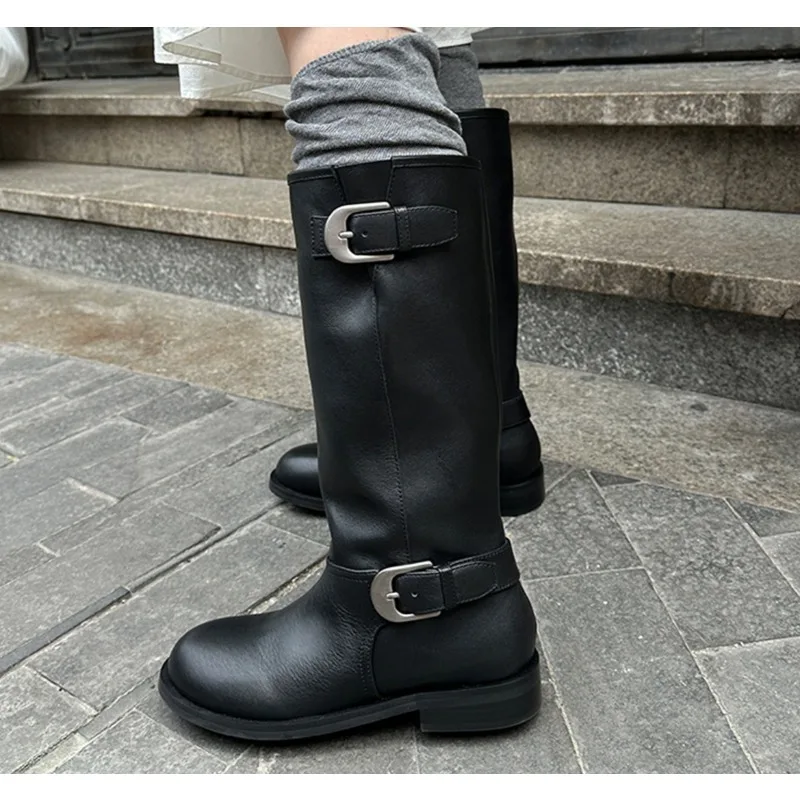 

Women's High Boots 2026 New Retro Brown Western Cowhide Boots Gothic Square Toe Wide-leg Women's Long Boots