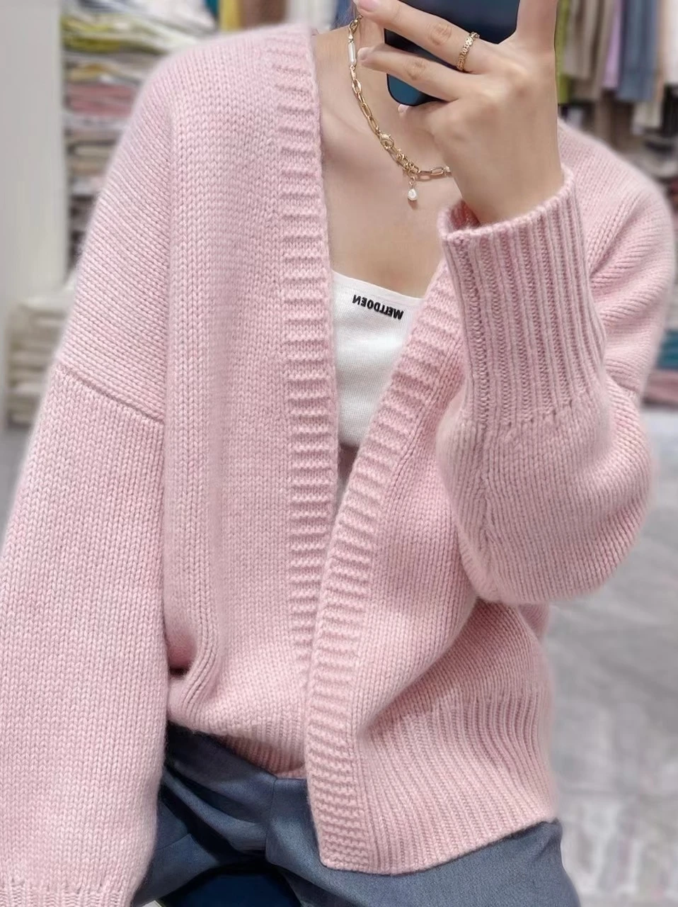 

Autumn and winter new lazy sweater pink cashmere cardigan female V-neck loose padded sweater coat
