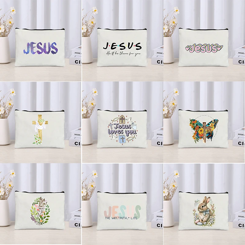 Easter Makeup Pouch Commemorating Jesus Cosmetic Bags Bible Faith Christianity Pencil Box Travel Toilet Mirror Lipstick Storage