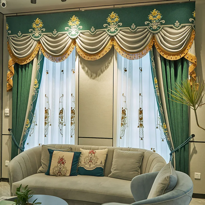 

Luxurious Printed Stitching Solid Color Chenille Thick Blackout Curtain Sheer Valance Curtains for Living dining room bedroom