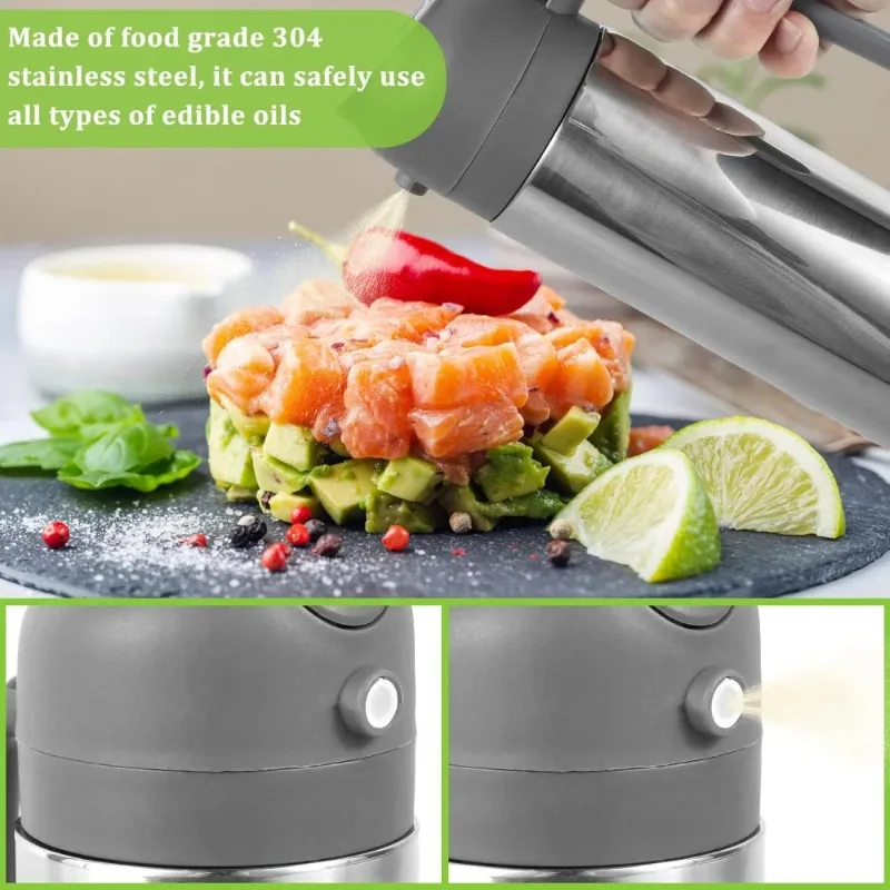 Two-in-one oil dispenser, stainless steel oil spray bottle, can be refilled with portable sprayer, suitable for baking, cooking,