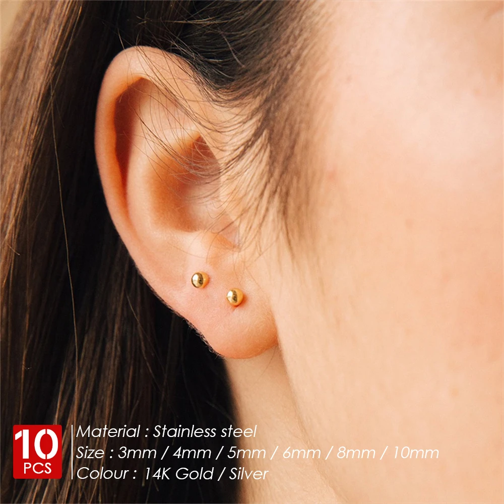 eManco 10PCS Stainless Steel Small Geometric Earrings Simple Ball Accessories Ladies Fashion Jewelry Wholesale/Direct Sale