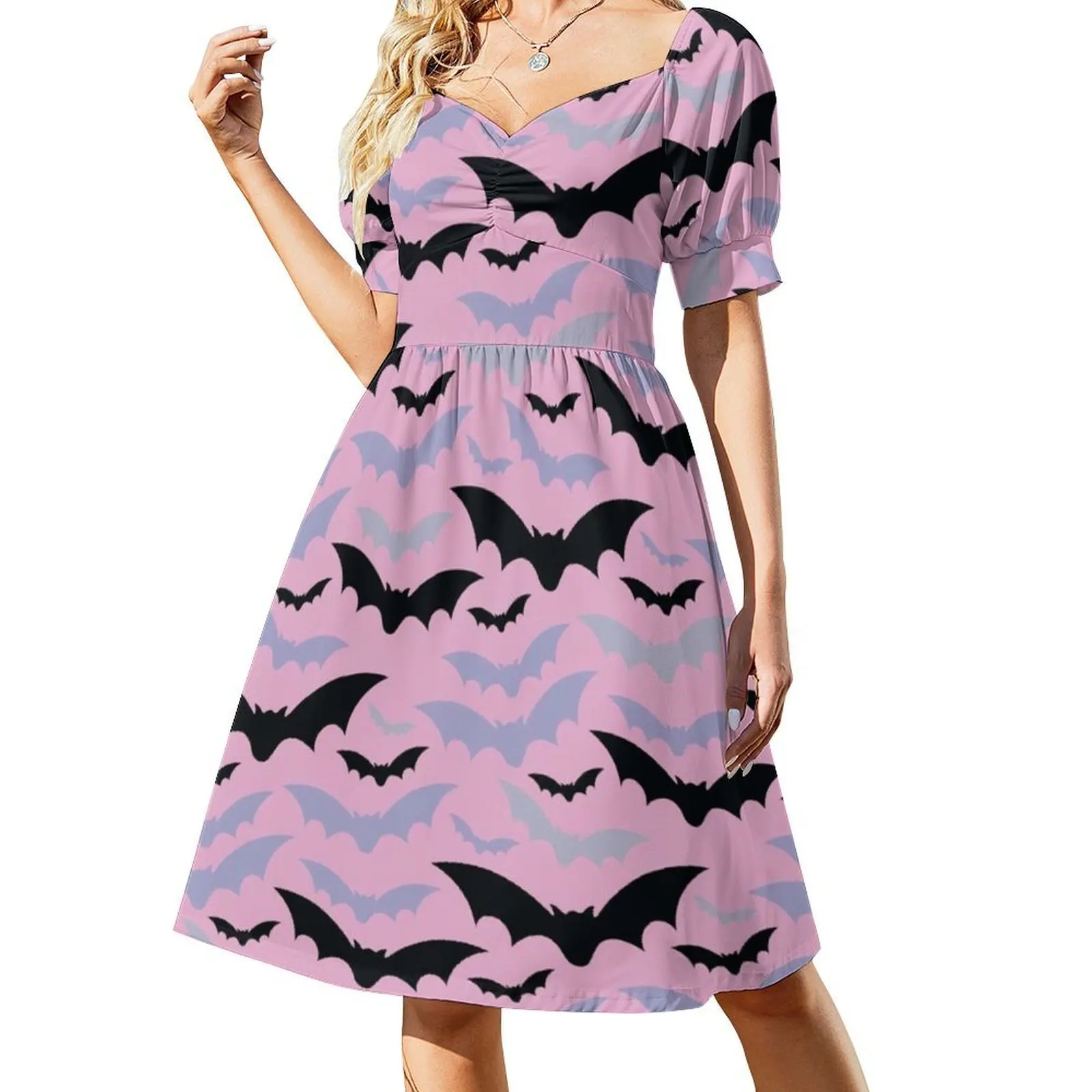 فستان بوهيمي بدون أكمام للنساء مطبوع فساتين حفلات الشاطئ فساتين حفلات الباستيل القوطي الخفافيش القوطي البديل الباستيل الوردي الملابس النسائية