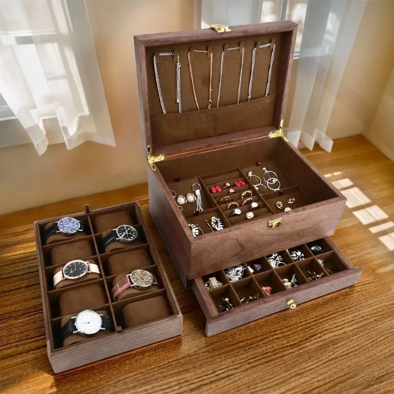 Wooden Jewelry Box Double-layer Jewellry Storage Box with Lids Bracelet Earrings Ring Boxes Exquisite Necklace Storage Boxes