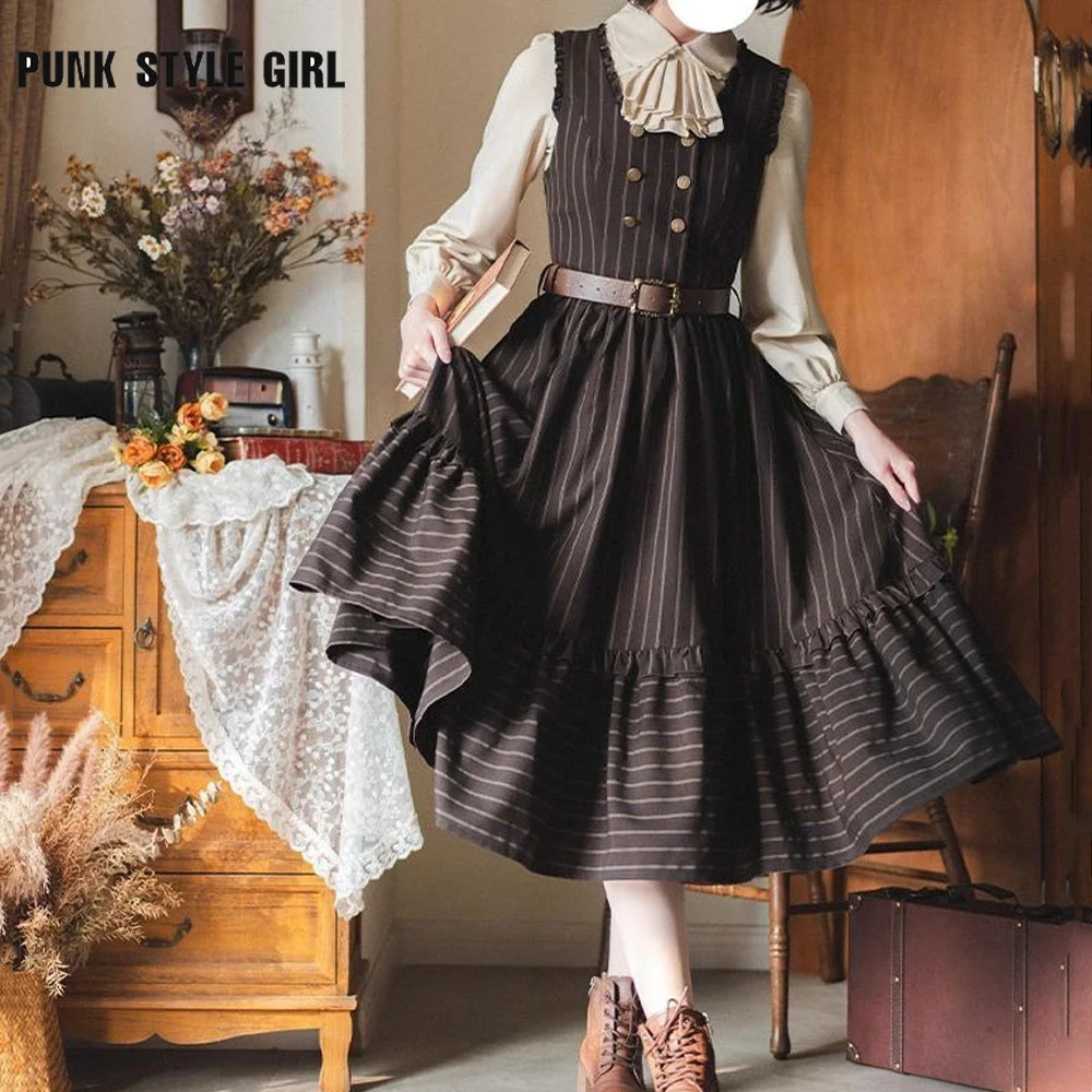 فستان لوليتا عتيق أنيق JSK بدون أكمام لوليتا حلو متوسط الطول مزدوج الصدر مخطط مطبوع فساتين حفلات مكشكشة مرقعة