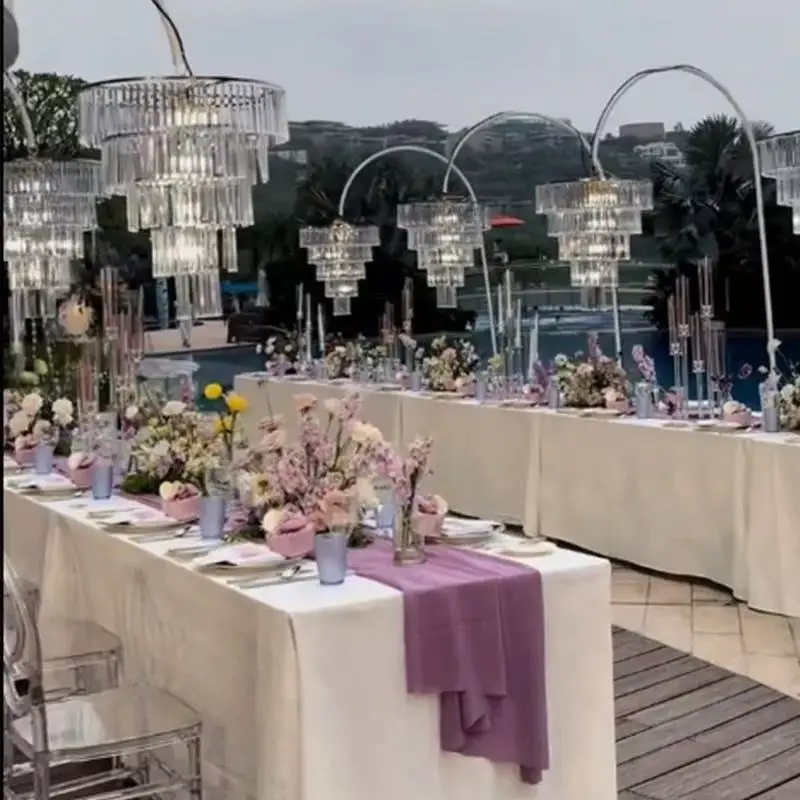

Wedding Decoration Metal Flower Hanging Arch with Acrylic Chandelier Hanging Bracket Center Piece of Aisle Display Rack Props