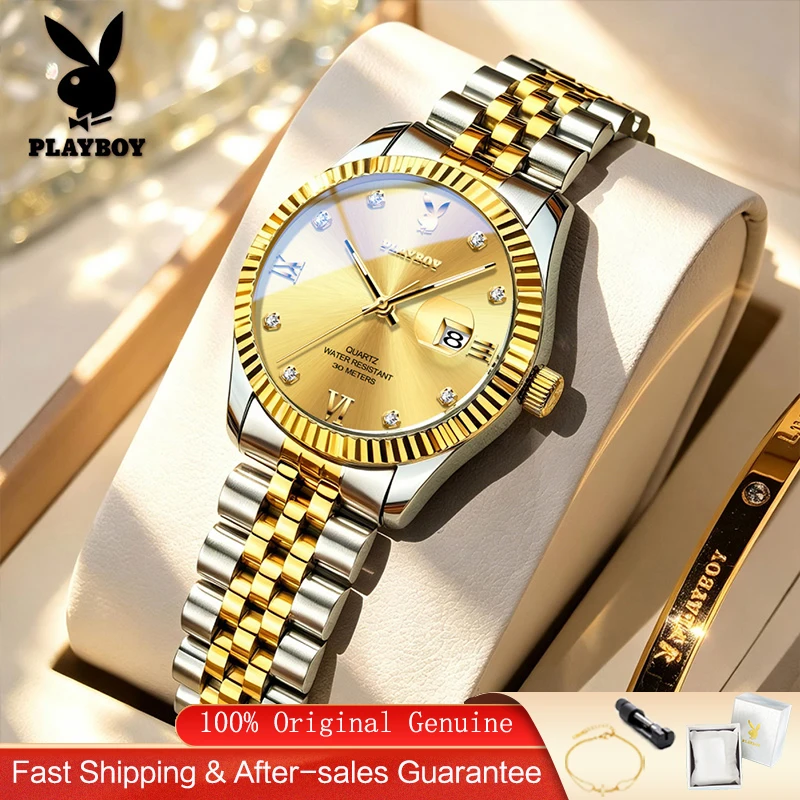PLAYBOY 3558 Luxury Elegant Women's Quartz Watch Stainless Steel Waterproof Casual Calendar Wristwatch For Woman Gift Reloj