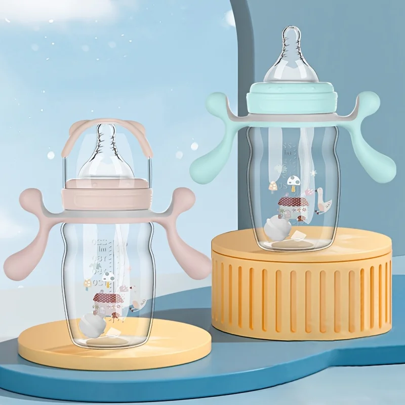 

Cartoon silicone nipple baby PP bottle, newborn anti bloating wide caliber anti drop bottle with straw handle, baby bottle