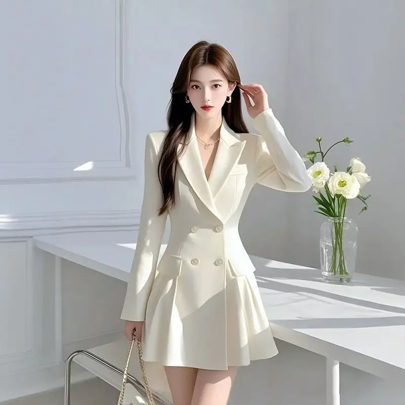 2025 봄 블레이저 드레스 - 여성용 벨트 허리 숏 오피스 드레스, 우아한 프로페셔널 미니 드레스, 트렌디한 라펠 드레스