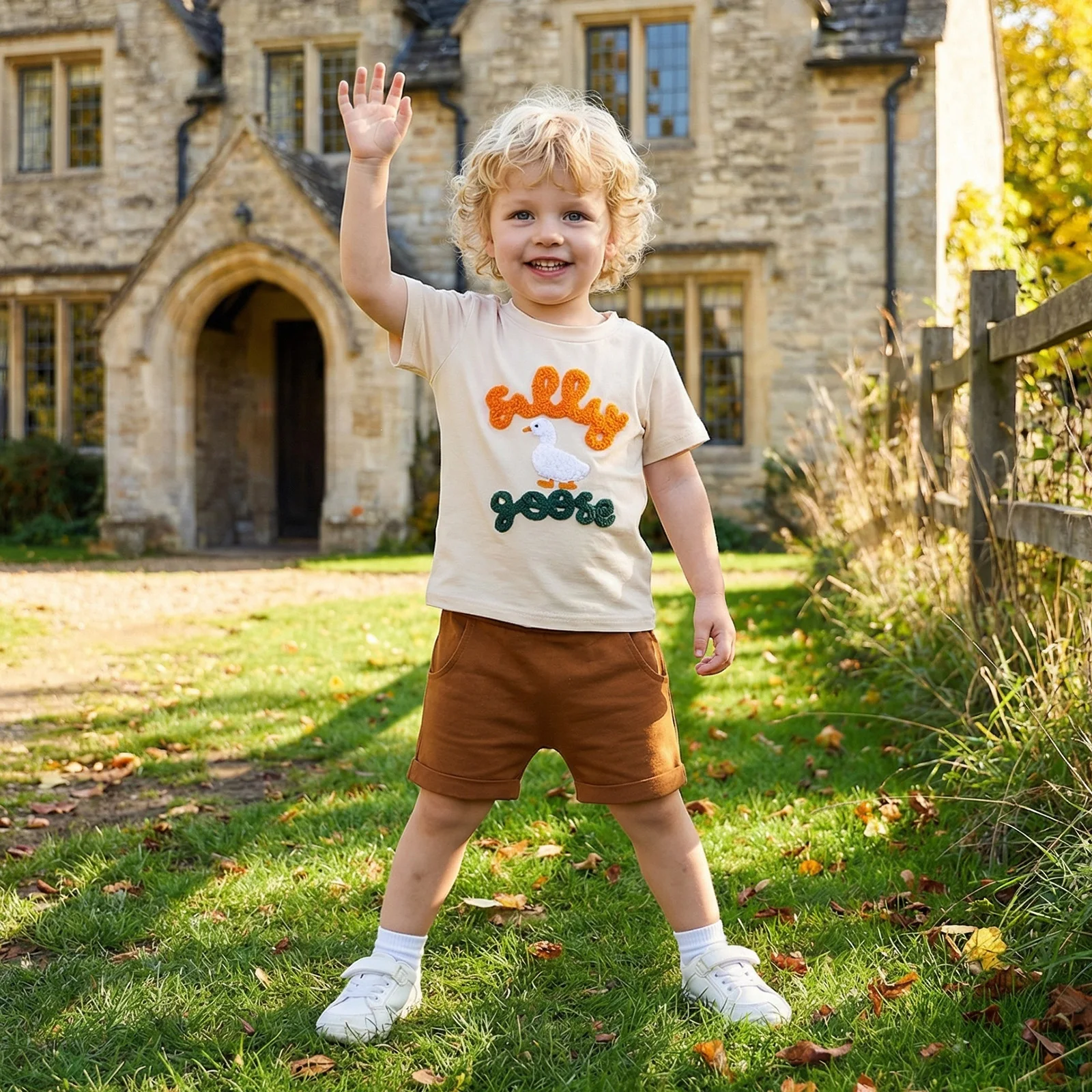 2Pcs Baby Boy Summer Outfits Short Sleeve Goose Letter Embroidery T-Shirt + Shorts Set Toddler Clothes