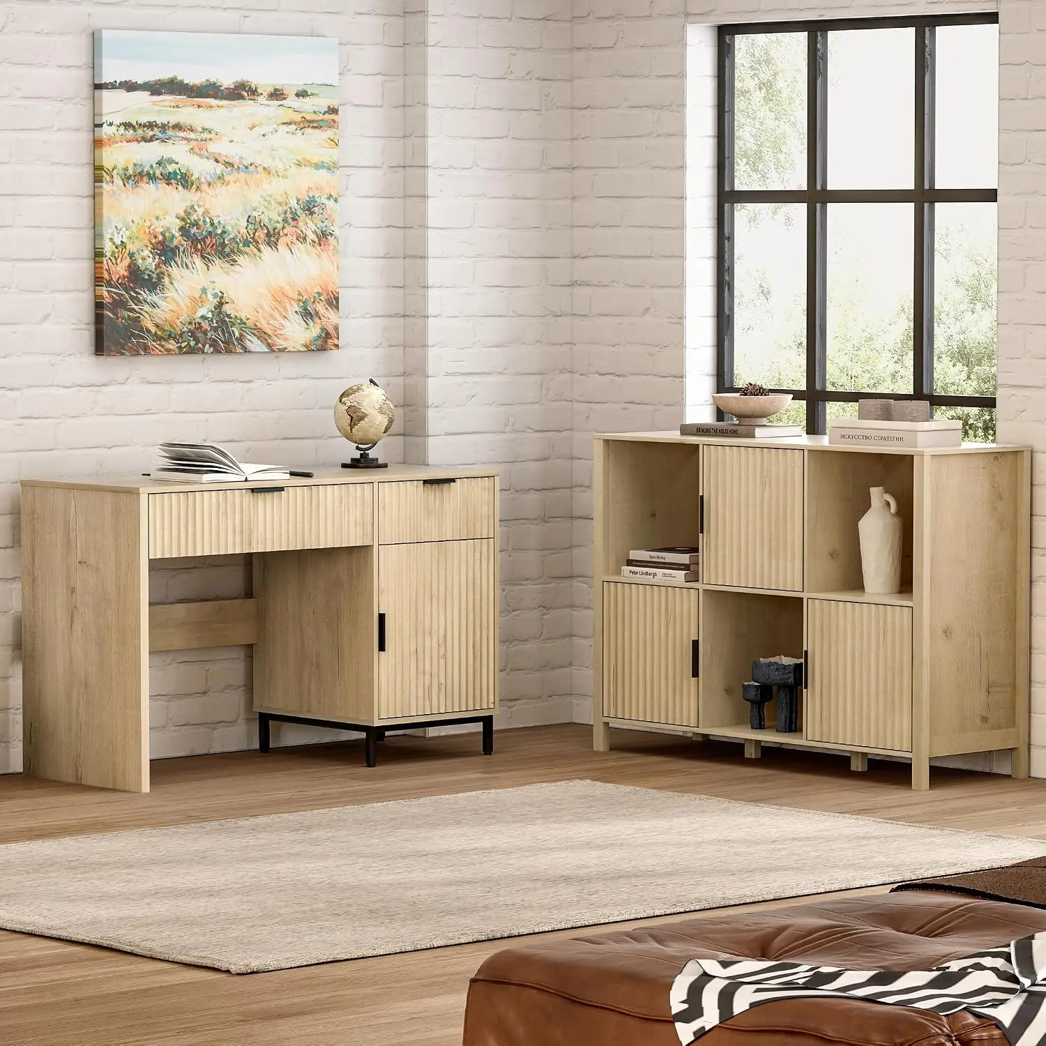 Fluted Cube Storage Organizer with 3 Open Shelves & 3 Door Cabinets for Bedroom Living Room Office, Light Oak, Customized