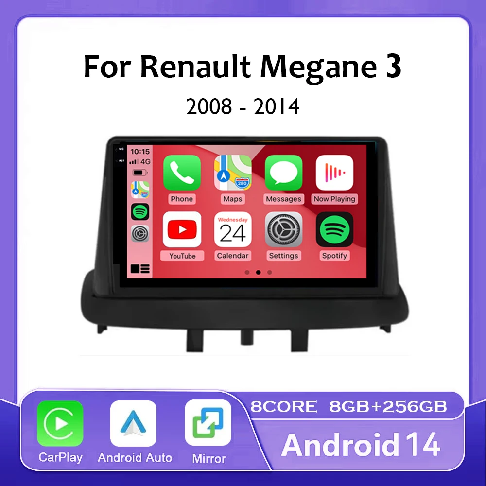 For Renault Megane 3 Fluence Samsung SM3 2008 - 2014 9“ Android 14 Carplay Car Radio Navigation GPS Multimedia Player wifi+4G BT