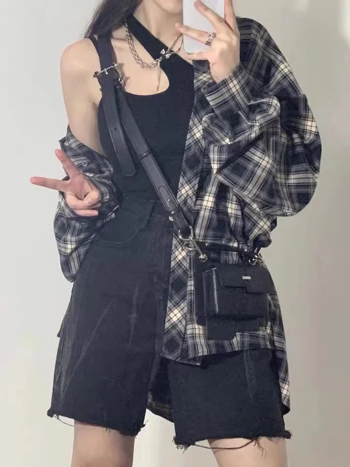 

Summer Plaid Women's Long Sve irt Outerwear INS Sle Design High-End Feelings Sun Protection Midi Length Trendy Top