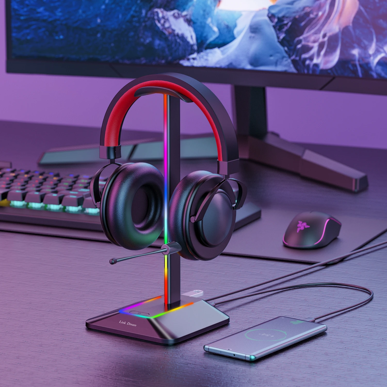 New Bee Z8 RGB Headphones Stand Holder with 2 USB Ports Desk Gaming Headset Cool Display Holder Non-Slip Rubber Base for Gamer