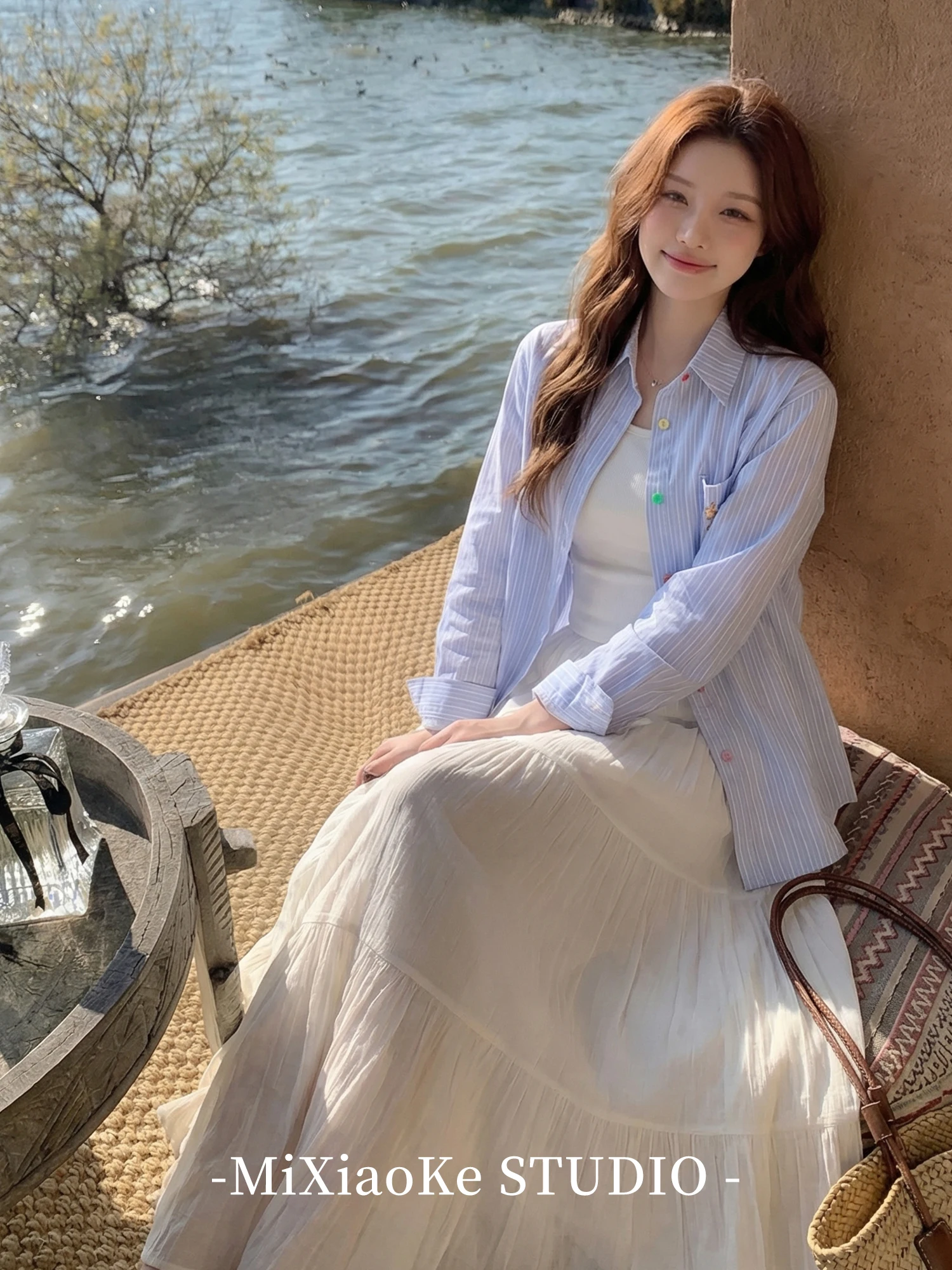 

Loose Women's Long Sve irt Casual Sle Blue Striped Turn-down Collar Spring Summer New Arrival Sun Protection Top