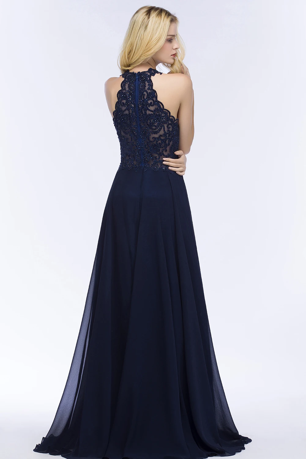 Chiffon Elegant Evening Dress Women A-line Halter Jersey Fishtail with Beaded Motif Layers Over the Bodice Evening Party Gowns