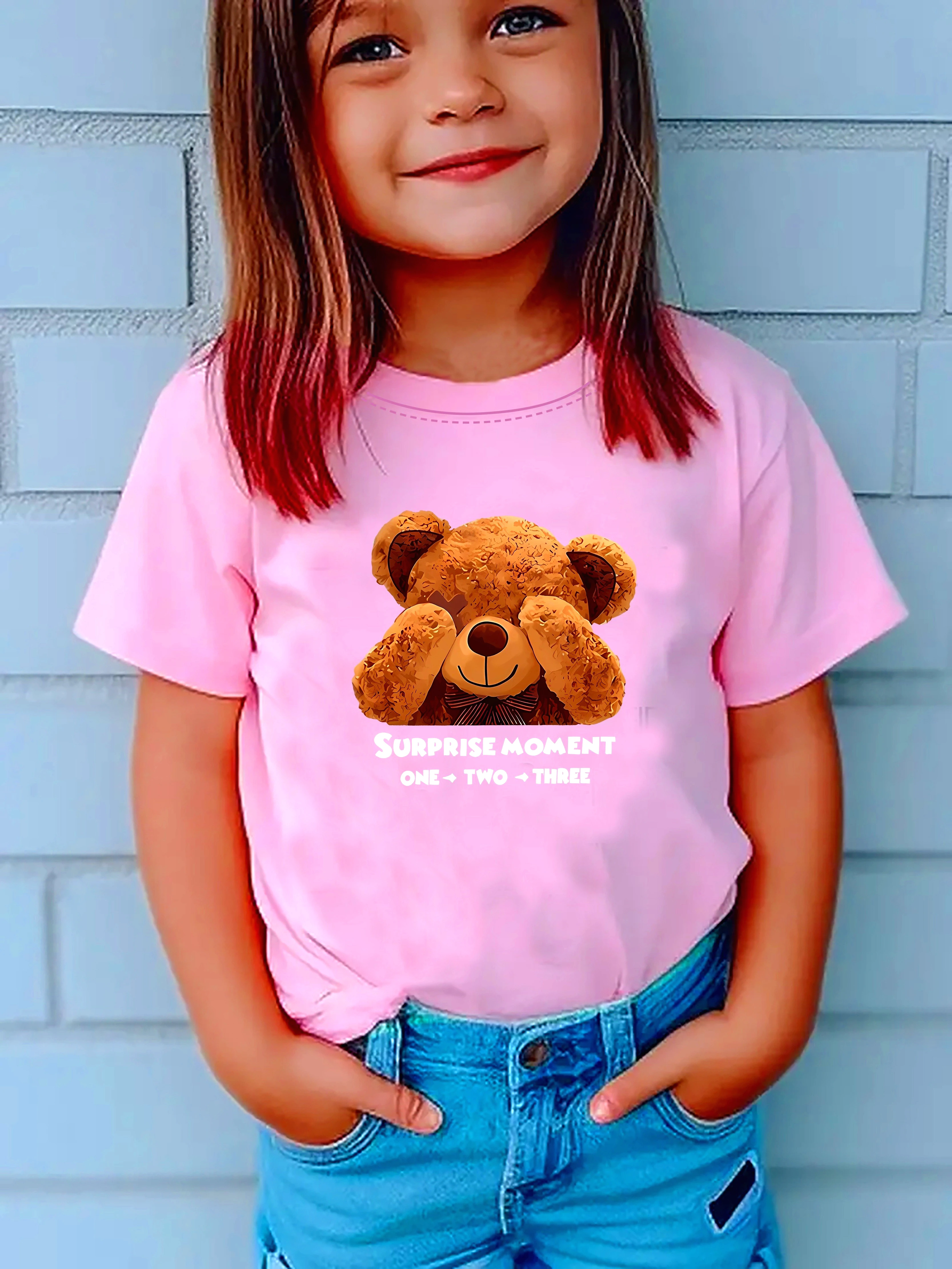

Girls Cartoon Bear Graphic Short Sleeve T-shirt Summer Clothes Comfy Casual Round Neck Tee Fashionable Clothes