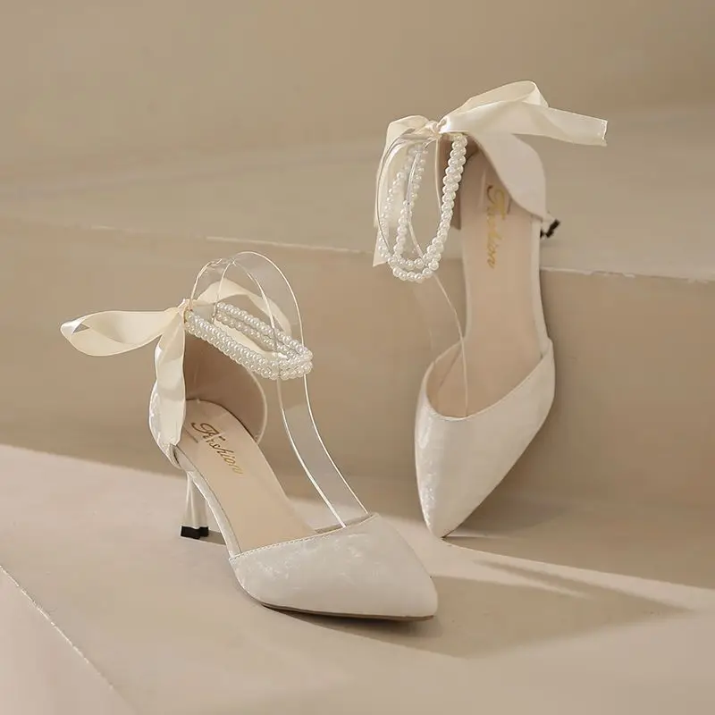 Spring/Summer New Small Fragrant Wind Pointed Pearl Versatile Thin High Heels Hollow Women\'S Single Shoes