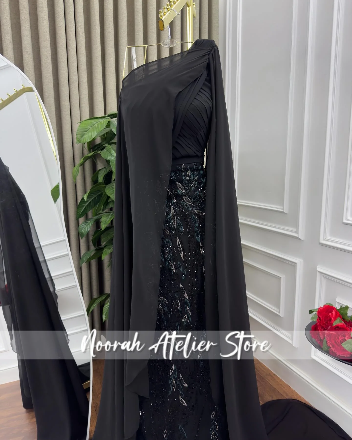 Vestido de noche lujoso de cristal de Arabia Saudita, capa de manga larga de tul verde, vestido de novia negro 2025, vestido largo de graduación personalizado