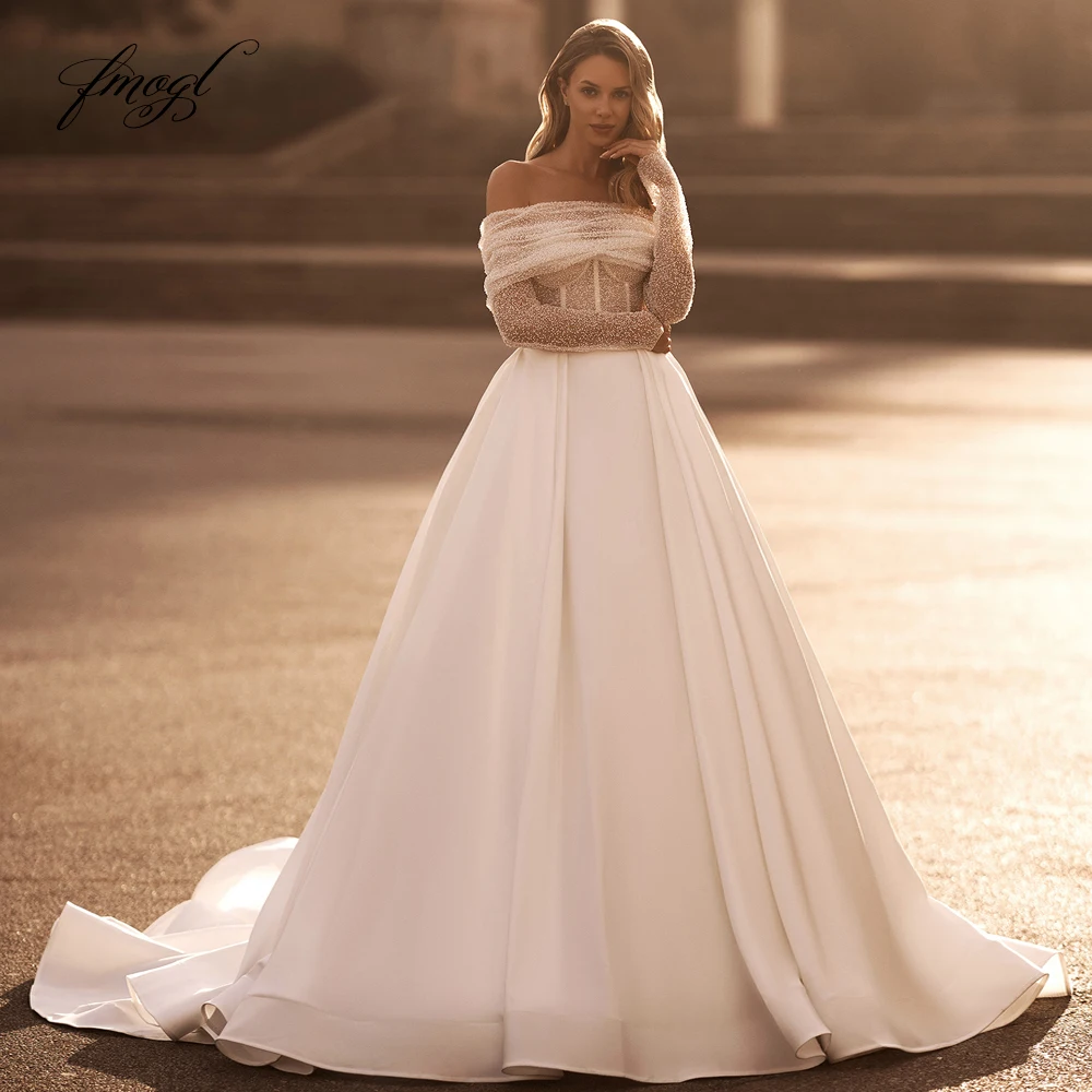 

Fmogl Elegant Boat Neck Long Sleeve Matte Satin Wedding Dress Delicate Illusion Off The Shoulder Court Train A Line Bridal Gowns