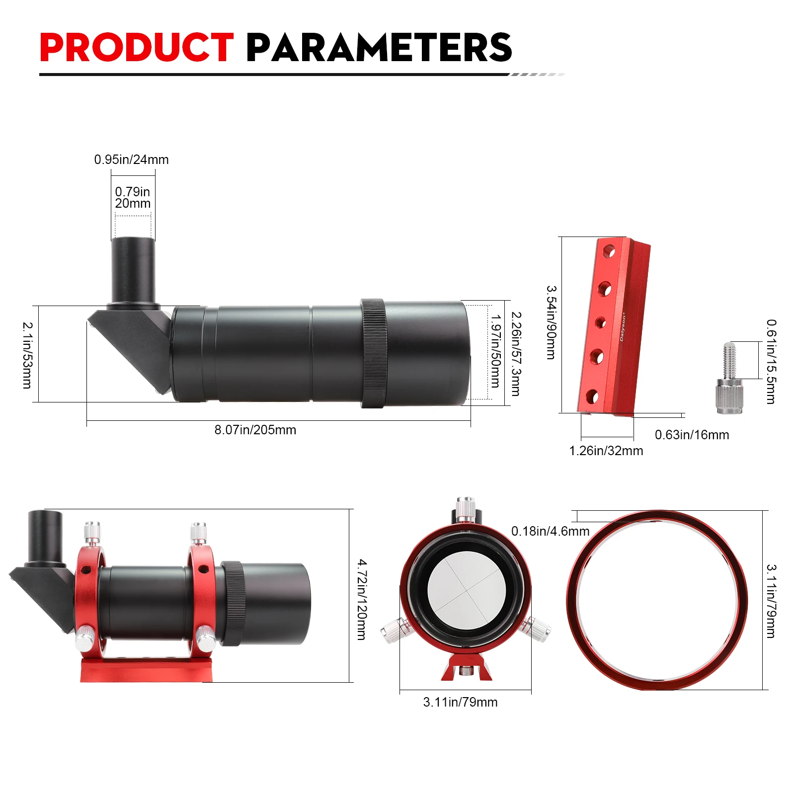 ダティソン望遠鏡アクセサリー 9x50 右角正像ファインダースコープ OTA クランプガイドリング付き クロスヘア付き