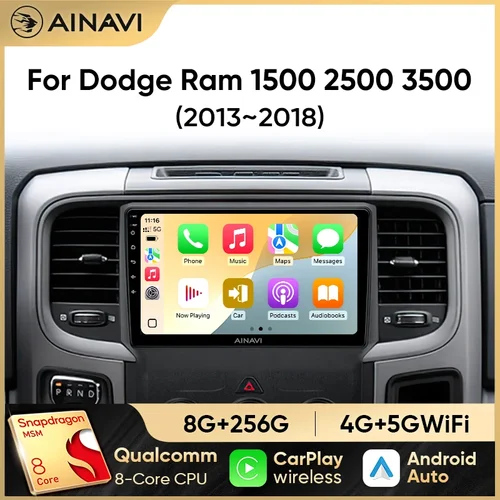 Reproductor Multimedia de Radio para coche Ainavi para Dodge Ram 1500 2500 3500 2013-2018 Carplay inalámbrico Android Auto estéreo 48EQ GPS DSP