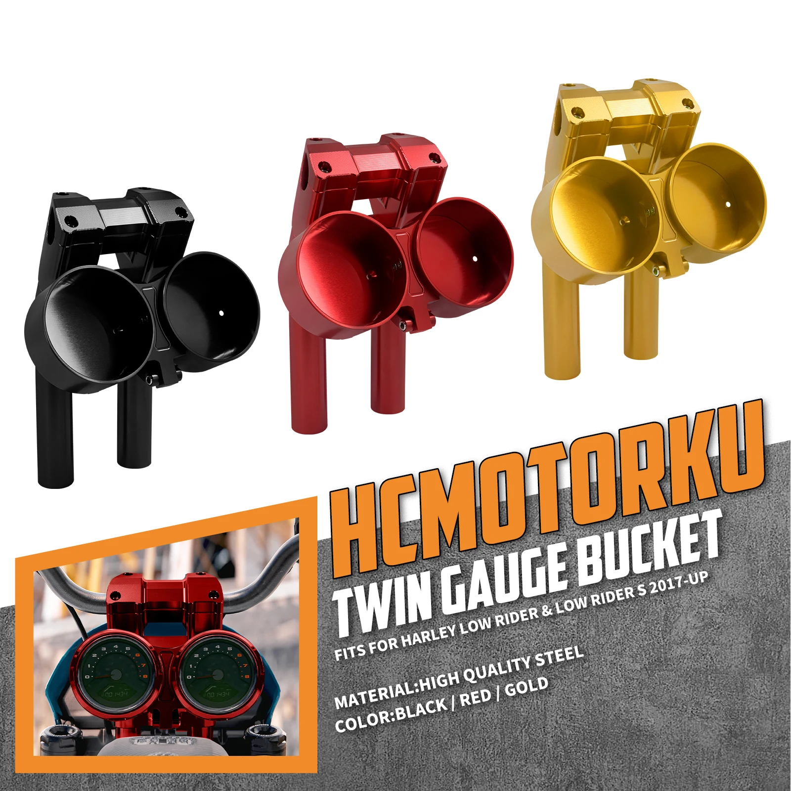 HCMOTORKU  Motorcycle Adjustable Instrument 10'' Handlebar Risers Bracket Twin Gauge Bucket for Harley Softail Low Rider S 17-Up