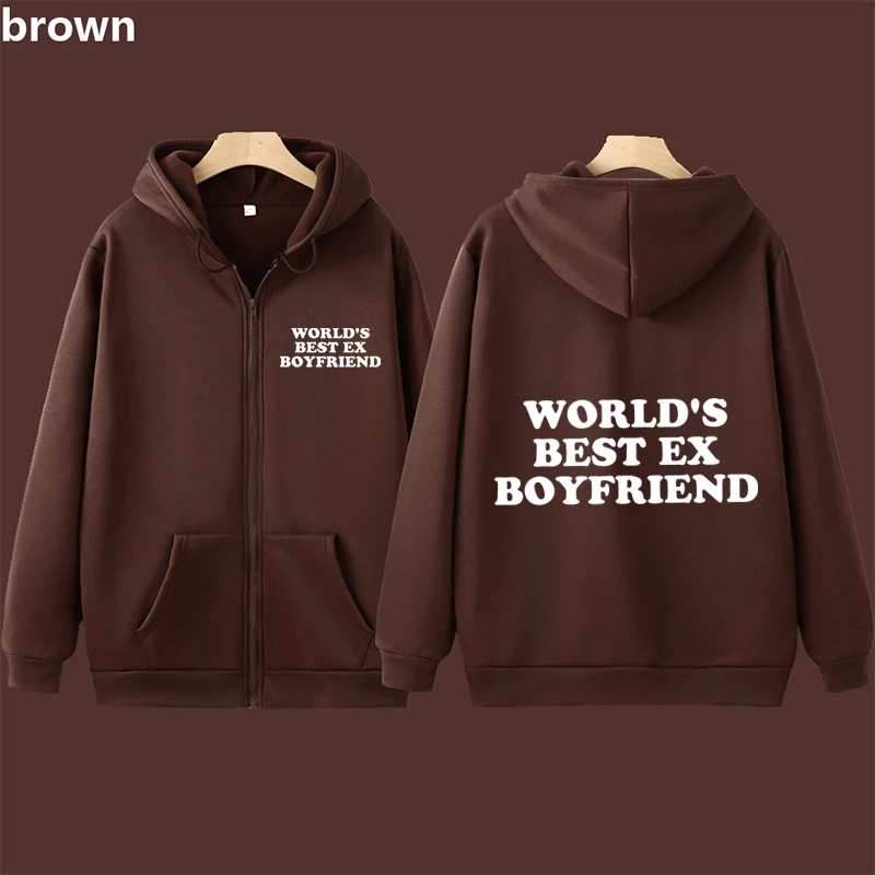 Men Casual Streetwear World's Best Ex Boyfriend Letter Print Zipper Hoodie Funny Graphic Sweatshirt Cardigan Punk Autumn Winter