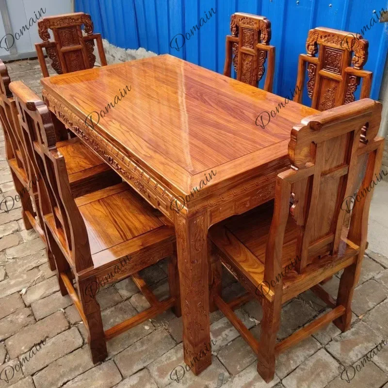 81 N Antique Chinese Style Solid Elm Wood Dining Table Carved Rectangle Table for Living Room Restaurant Furniture