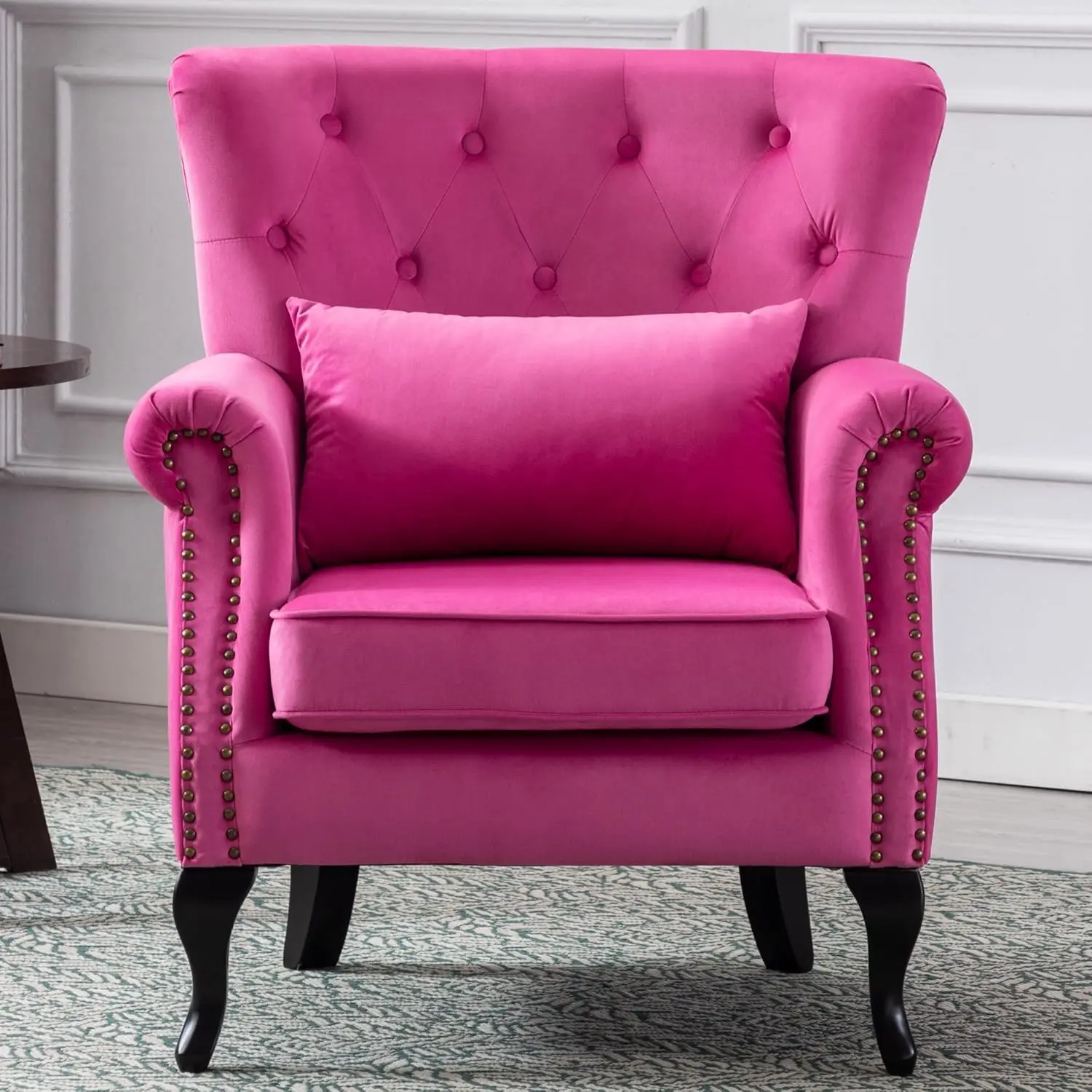 

Mid Century Modern Accent Chair Upholstered Armchair Comfy Velvet Fabric Single Sofa with Tufted Wingback Hot Pink