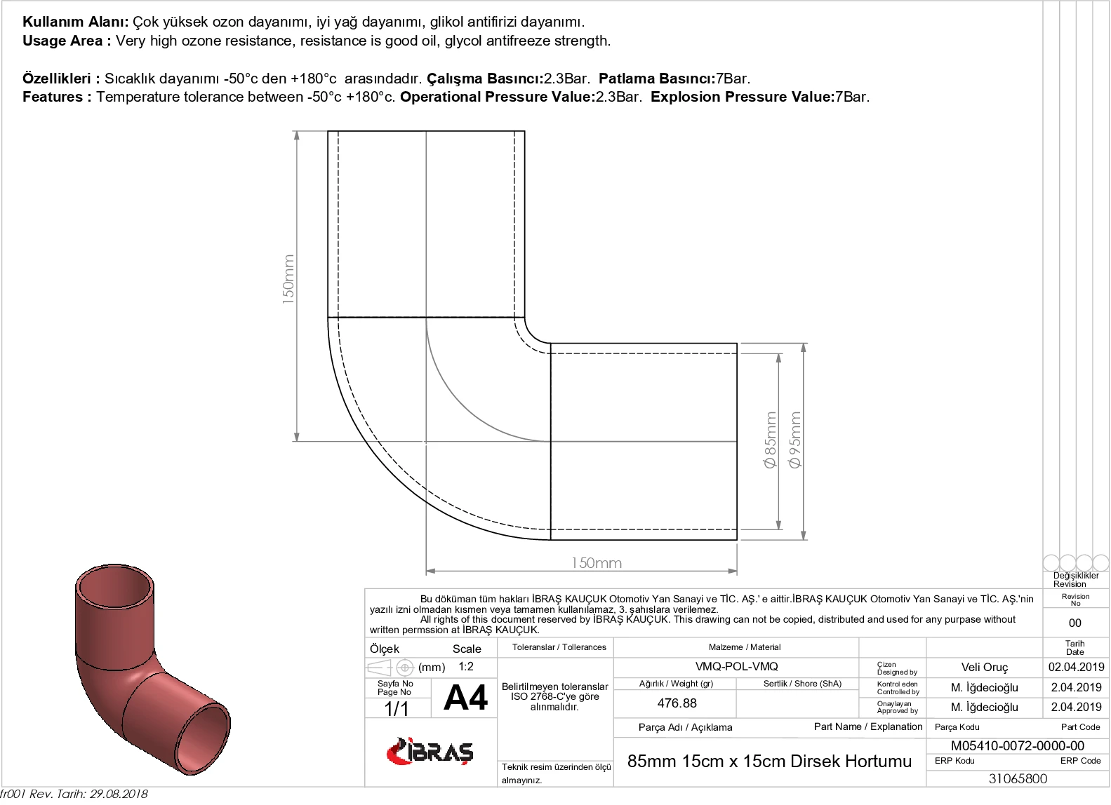 Store code: 65800 inner 4 layers POLYESTERLI silicone Q 85mm 15cm x 15cm elbow hose