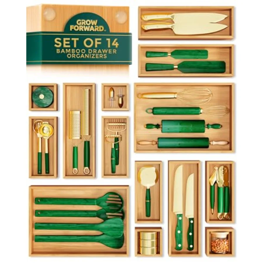 

Bamboo Drawer Organizer Boxes - Set of 14 Wooden Drawer Organizers for Kitchen Bathroom Office Desk Vanity Makeup - Non-Slip Ju