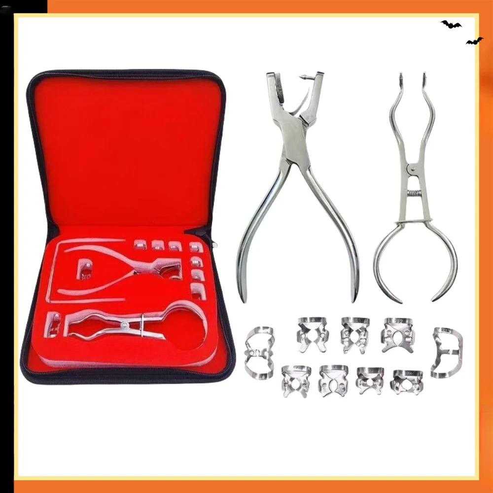 12pcs/Set Dental Rubber Dam Set Dental Dam Hole Puncher Pliers Clamps Frame Holder Orthodontic Tools Dam Clips Dam Perforator Ru