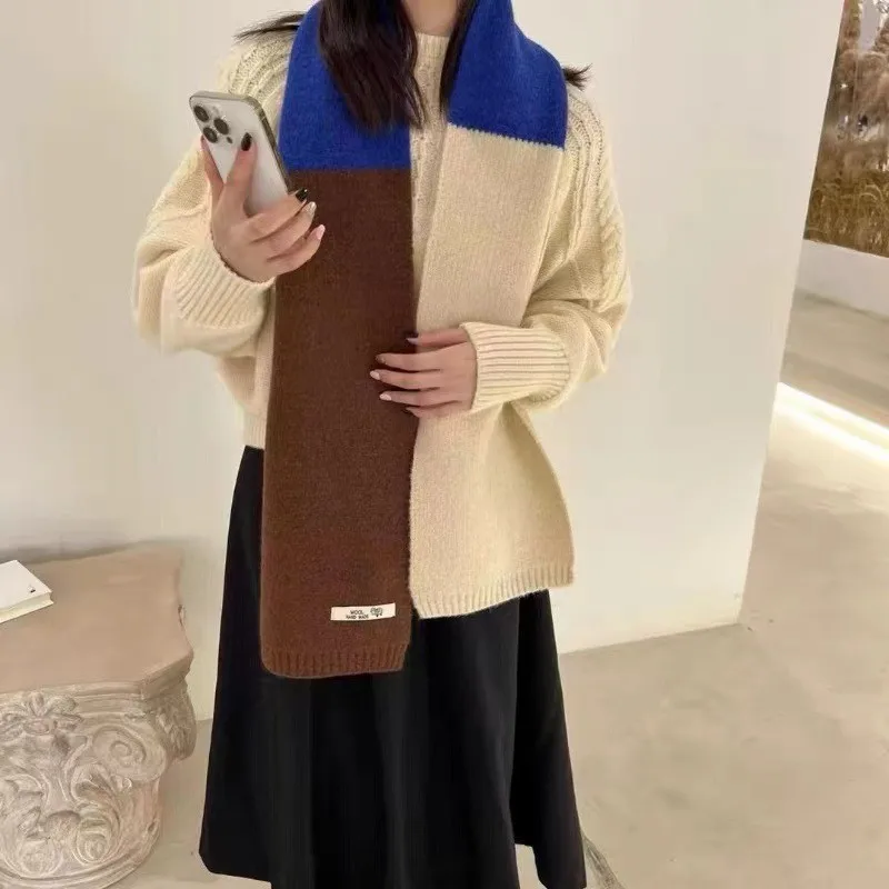 

Women's Scarves Korean Contrasting Color Sweet Simple Versatile Winter Knitted Thickened Velvet High-quality Luxury Brand Scarf