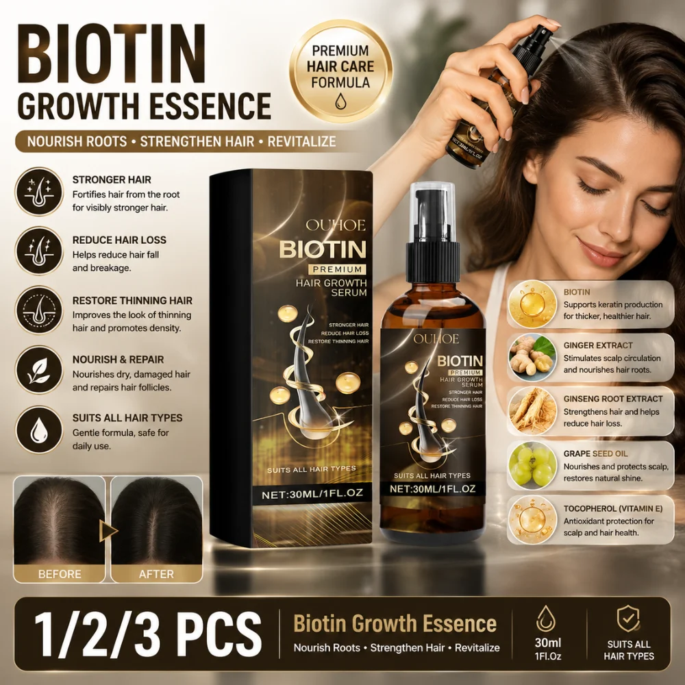30ml Biotin Hair Growth Essence with Ginger Ginseng Grape Seed Oil Nourishing Scalp Serum for Thinning Dry Damaged Hair Care