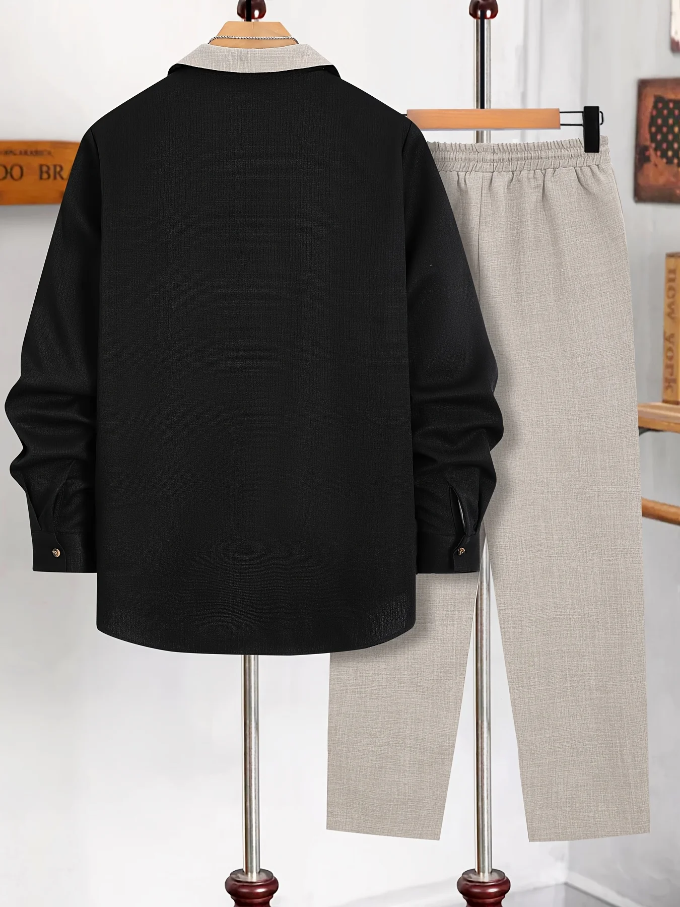 Мужская однотонная рубашка с длинными рукавами на пуговицах спереди и брюки с завязками на талии, топ стандартного кроя с длинными рукавами и вырезом с лацканами и карманами Tro