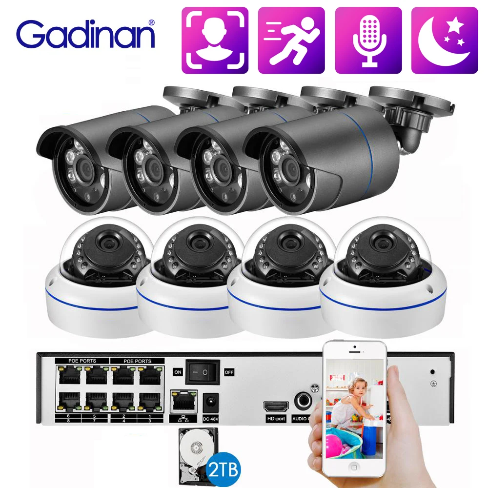 Gadinan H.265+ Face Detection 4MP POE NVR Kit  Audio IP Camera Motion Detection Indoor Outdoor Waterpoorf Video Surveillance Set