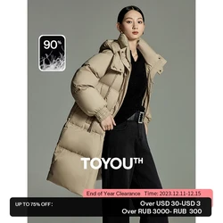 Toyouth Women Mid-length Down Jacket 2023 Winter Long Sleeve Stand Collar Loose Hooded Thick Coat Pleat Design Warm Overcoat