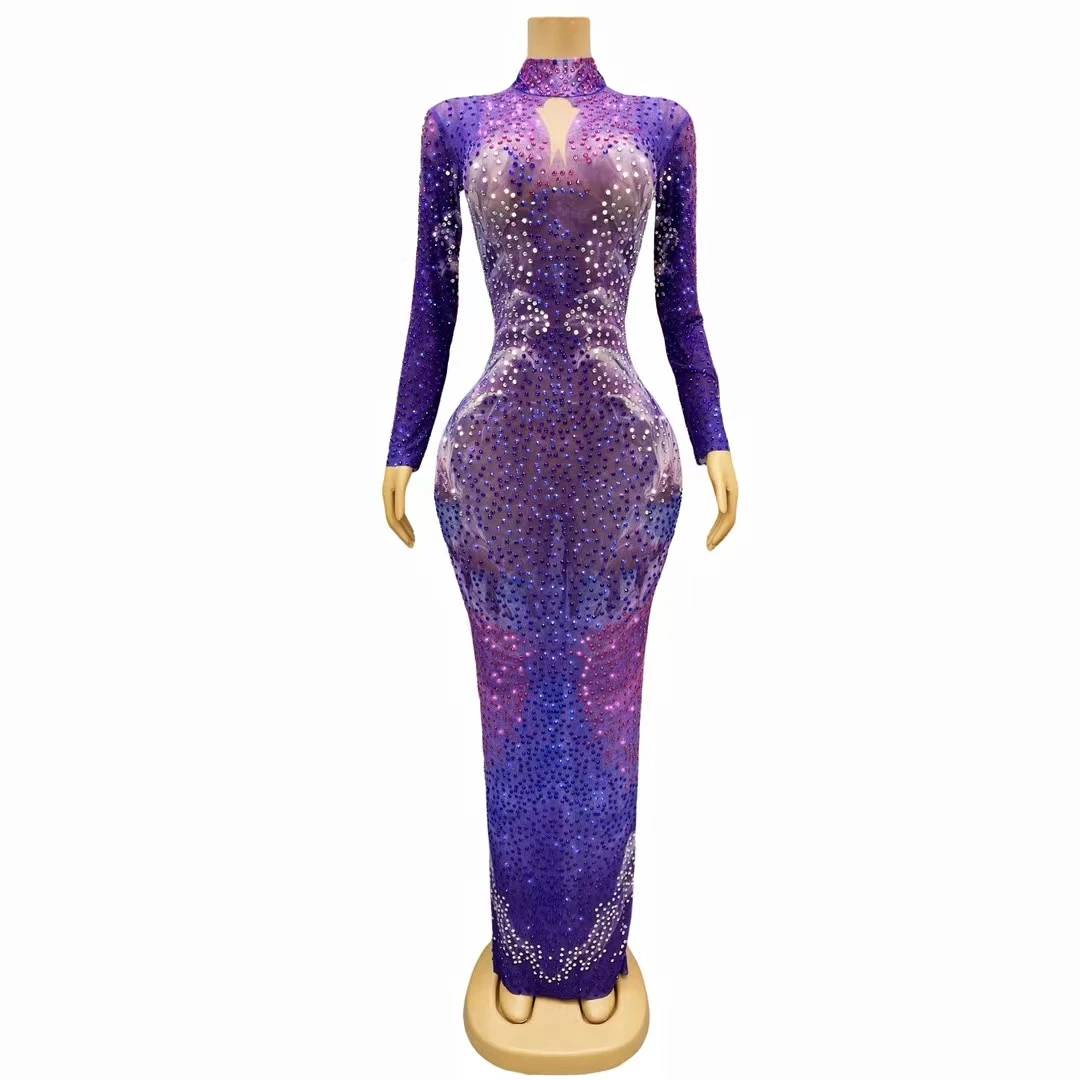 

Sparkly Rhinestones Print Long Dress Women's Celebrate Birthday Party Outfit Nightclub Prom Sexy Show Performance Bodycon Dress